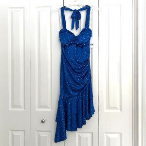 Vtg NWT Sequin Hearts Blue Halter Neck Asymmetrical Prom Dress USA Made Size S